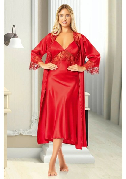 2606 Kadın Dantel Detaylı Saten Ip Askılı Uzun Gecelik Sabahlık Takım-Kırmızı