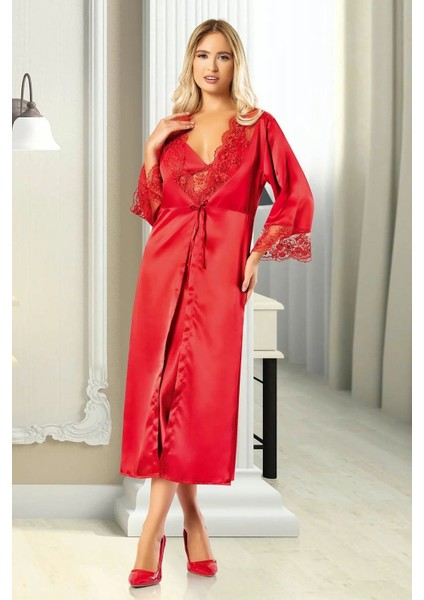2606 Kadın Dantel Detaylı Saten Ip Askılı Uzun Gecelik Sabahlık Takım-Kırmızı modelleri