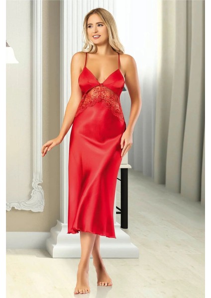 2606 Kadın Dantel Detaylı Saten Ip Askılı Uzun Gecelik Sabahlık Takım-Kırmızı fırsatları