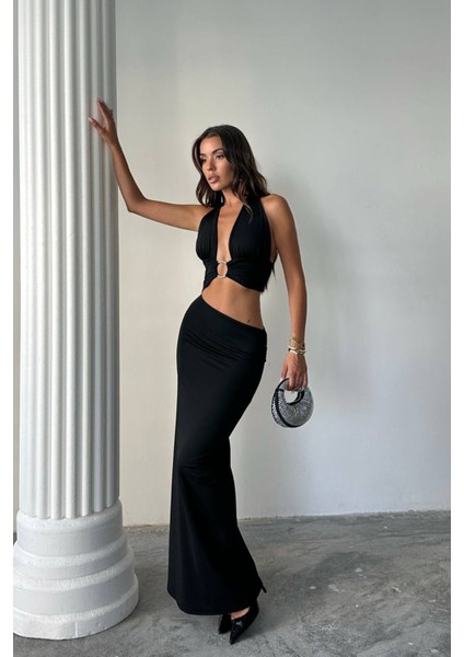 Kadın Göğüs Halka Detaylı Halter Yaka Maxi Elbise NBDF159