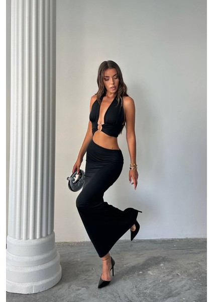 Kadın Göğüs Halka Detaylı Halter Yaka Maxi Elbise NBDF159 fiyatları