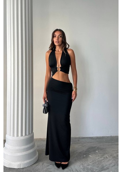 Kadın Göğüs Halka Detaylı Halter Yaka Maxi Elbise NBDF159 modelleri