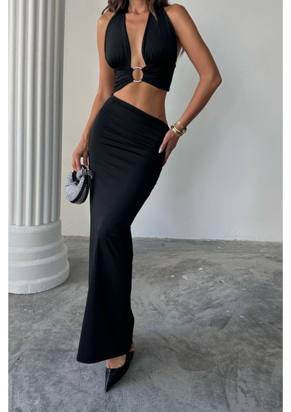 Kadın Göğüs Halka Detaylı Halter Yaka Maxi Elbise NBDF159 fırsatları