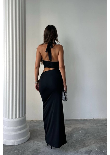 Kadın Göğüs Halka Detaylı Halter Yaka Maxi Elbise NBDF159 indirimleri