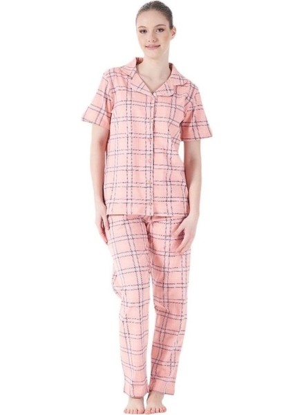 Kareli Desen Önden Düğmeli Bayan Pijama Takım