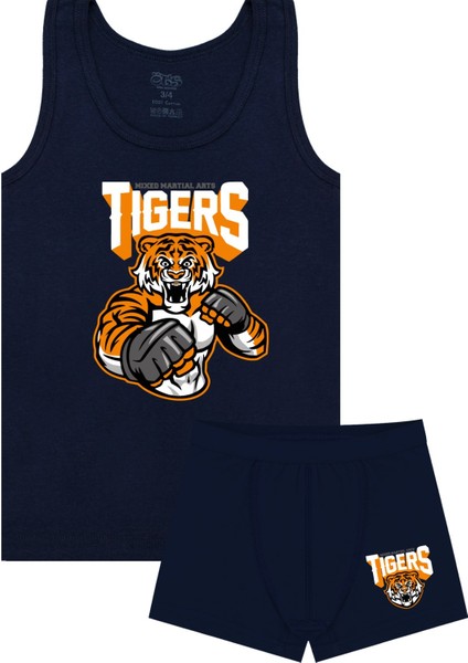 Erkek Çocuk Atlet Boxer Likralı Lacivert Tigers (%96 Pamuk - %4 Elastan)