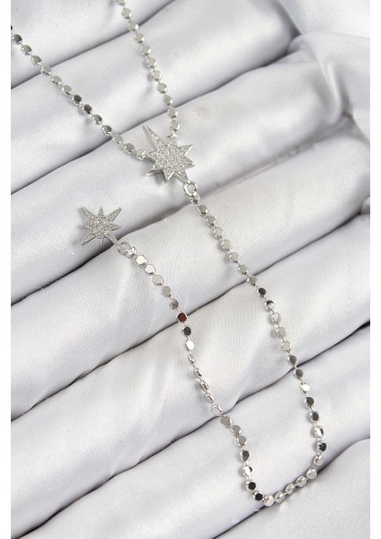 Pirinç Zirkon Taşlı Ezme Zincirli Kutup Yıldızı Model Gümüş Renk Y Kolye - Lisinya