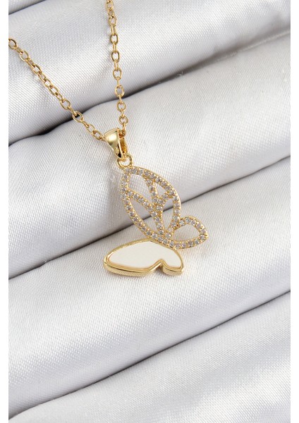 316L Çelik Zirkon Taşlı Kelebek Model Gold Renk Kadın Kolye - Lisinya