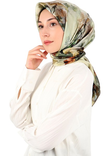 Yeşil Kamelya Desen Sura Ipek Eşarp