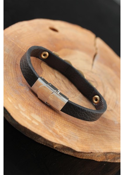 Gold Renk Sonsuzluklu Metal Aksesuarlı Siyah Deri Erkek Bileklik - Lisinya fiyatları