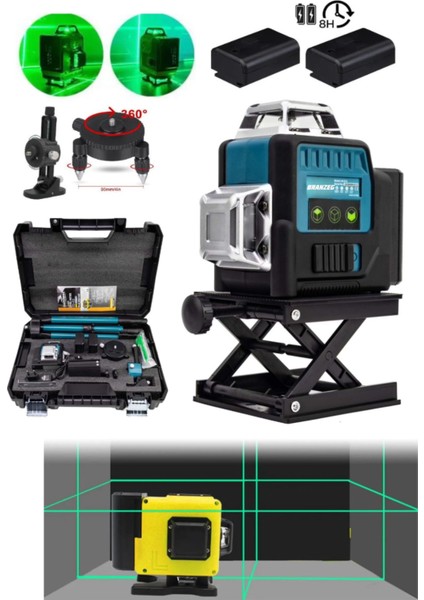 16 Yönlü 360 Derece Yeşil Lazer Terazi Metre Çizgi Hizalama Çift Batarya Ayaklık Tripot Kumandalı Hediyeli