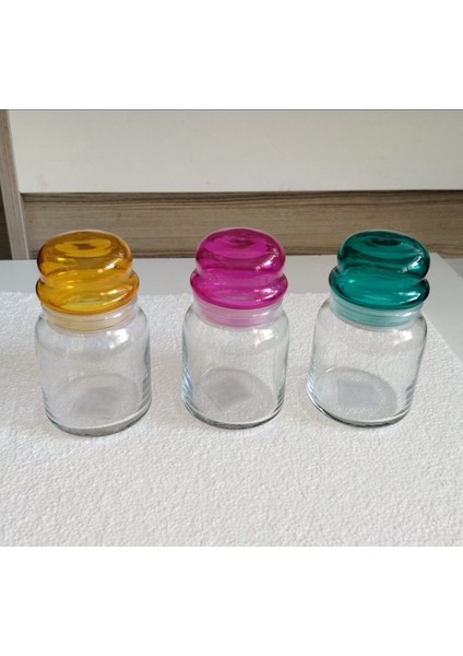 La V Vakumlu Renkli Kapak Cam 3'lü Kavanoz Seti 290 cc