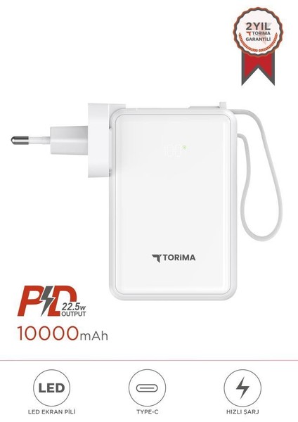 TRM-1017 Beyaz 10000 Mah Type-C Giriş ve Çıkışlı Taşınabilir 22,5 W Hızlı Şarj Dijital Göstergeli Powerbank