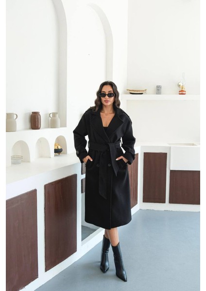 Kadın Omuz Detaylı Siyah Kaşe Kaban NBMYLK34 fiyatları