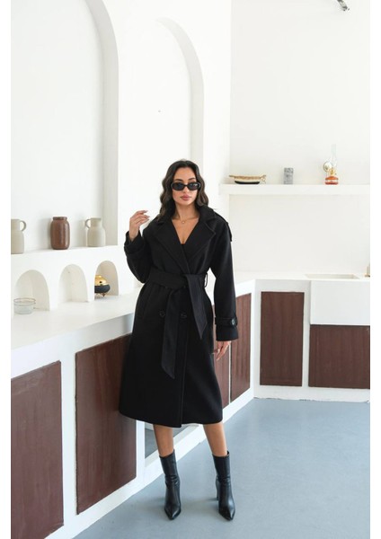 Kadın Omuz Detaylı Siyah Kaşe Kaban NBMYLK34 modelleri