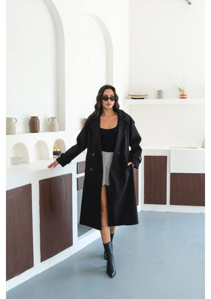 Kadın Omuz Detaylı Siyah Kaşe Kaban NBMYLK34 fırsatları