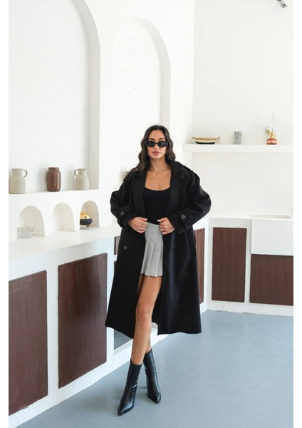 Kadın Omuz Detaylı Siyah Kaşe Kaban NBMYLK34 indirimleri