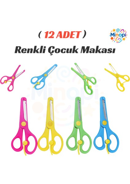 12 Adet Renkli Çocuk Makası Yaylı Korumalı Makas Plastik Makas Küt Uçlu