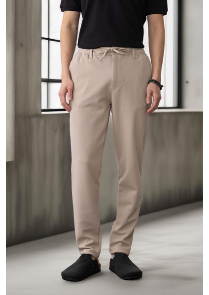 Akira Örme Pike Kumaş Beli Lastikli Fermuarlı Erkek Pantolon - Bej