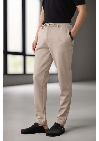 Akira Örme Pike Kumaş Beli Lastikli Fermuarlı Erkek Pantolon - Bej modelleri