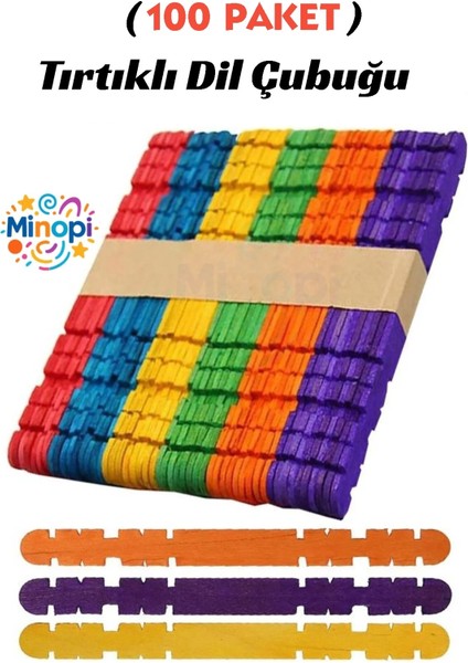 100 Paket Renkli Geçmeli Dil Çubuğu Paketi 50'li Tırtıklı Geçirmeli Eklemeli Dondurma Çubuğu