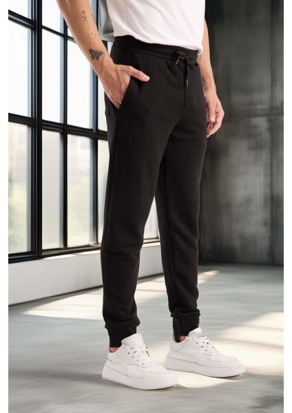 Spike Diagonal 3 Iplik Manşet Paça Erkek Pantolon Eşofman Altı -Siyah