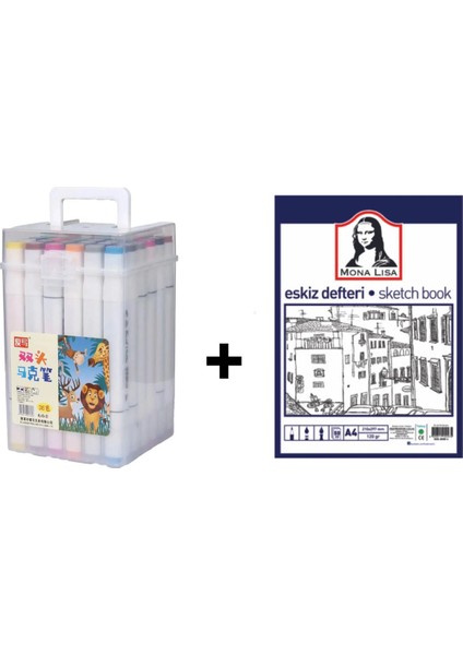 36'lı Çift Taraflı Art Marker Keçeli Kalem Seti Kutulu + Mona Lisa Eskiz Defteri A4 50 Yaprak 120GR.