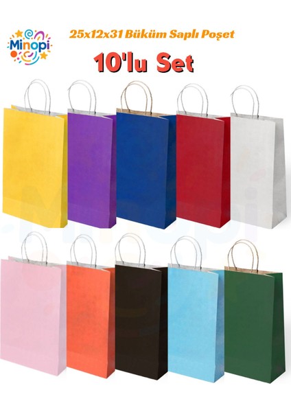 10 Adet Büküm Saplı Karışık Renk Çanta 25X12X31 cm Kağıt Çanta