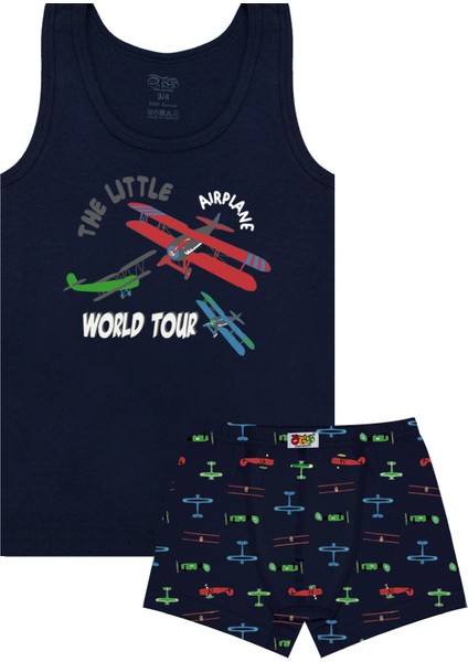 Erkek Çocuk Atlet Boxer Likralı Lacivert Uçak (%96 Pamuk - %4 Elastan)