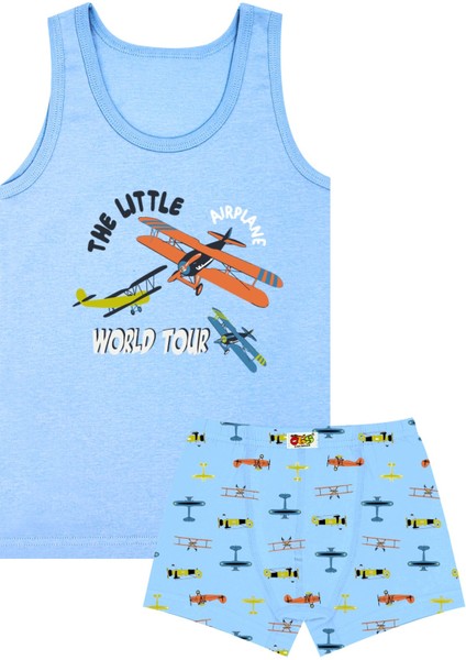 Erkek Çocuk Atlet Boxer Likralı Mavi Uçak (%96 Pamuk - %4 Elastan)