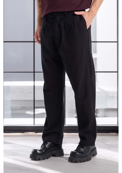 Bergman Keten Görünümlü Pamuklu Flamlı Rahat Kalıp Pileli Erkek Pantolon - Siyah