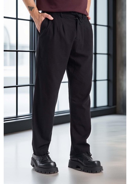 Bergman Keten Görünümlü Pamuklu Flamlı Rahat Kalıp Pileli Erkek Pantolon - Siyah modelleri