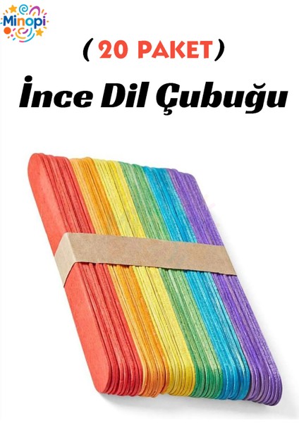 20 Paket Renkli Ince Dil Çubuğu Paketi 50'li Abeslang Tahta Dil Çubuğu - Ağda Spatulası