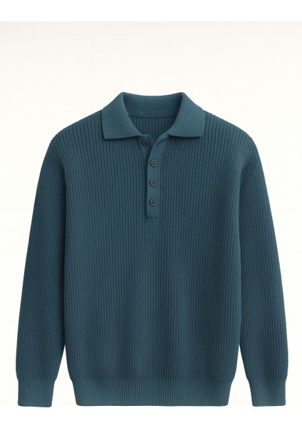 Oversize Selanik Örgü 4 Düğmeli Yarım Pat Rahat Kalıp Erkek Triko Kazak - Indigo