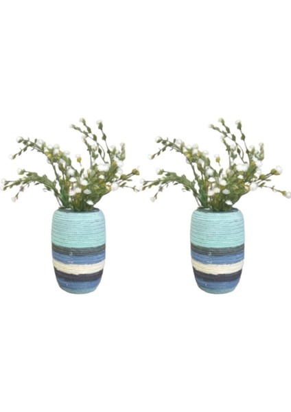 2 Adet Vazo Dahil,vazoda Çiçek,beyaz Yapay Çiçek,vazo Dekoratif Mavi Örgü Poliresin 7X7X16CM