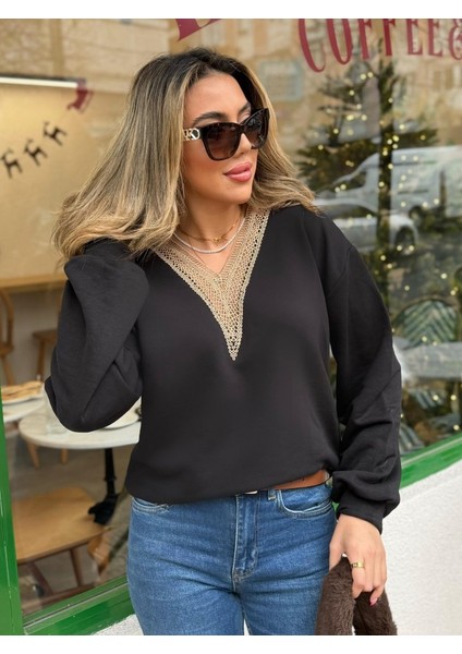 Kadın Uzun Kollu V Dantel Yaka Şardonsuz Üç Iplik Bluz