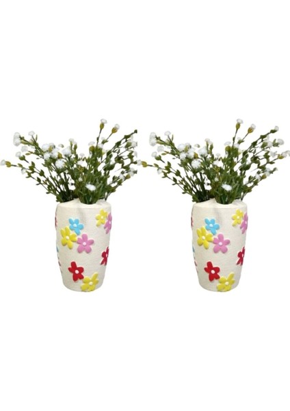 2 Adet Vazo Dahil,vazoda Çiçek,beyaz Yapay Çiçek,vazo Dekoratif Renkli Papatyalı Poliresin 5X5X16CM