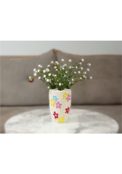 2 Adet Vazo Dahil,vazoda Çiçek,beyaz Yapay Çiçek,vazo Dekoratif Renkli Papatyalı Poliresin 5X5X16CM