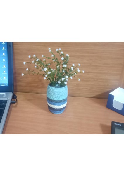 2 Adet Vazo Dahil,vazoda Çiçek,beyaz Yapay Çiçek,vazo Dekoratif Mavi Örgü Poliresin 7X7X16CM modelleri