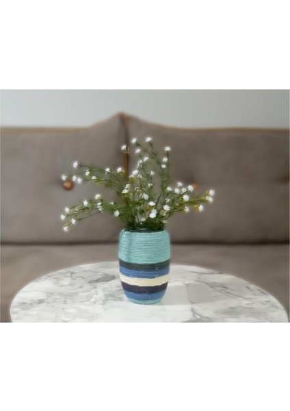 2 Adet Vazo Dahil,vazoda Çiçek,beyaz Yapay Çiçek,vazo Dekoratif Mavi Örgü Poliresin 7X7X16CM
