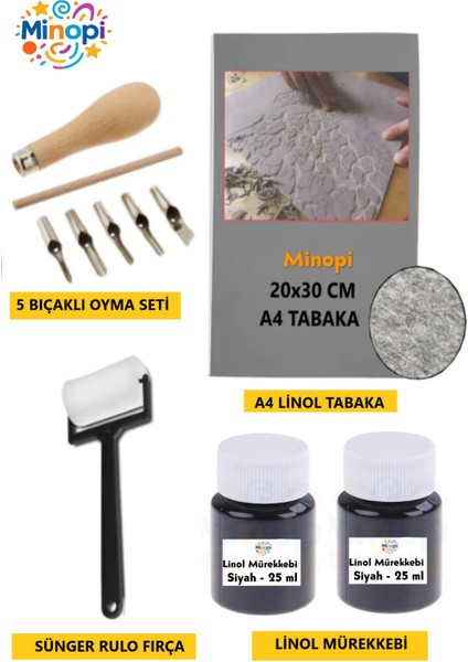 Linol Tabaka Levha 2.5 mm 20X30 cm , 2x Siyah Mürekkep , Rulo Sünger , 5'li Oyma Seti , Linol Baskı