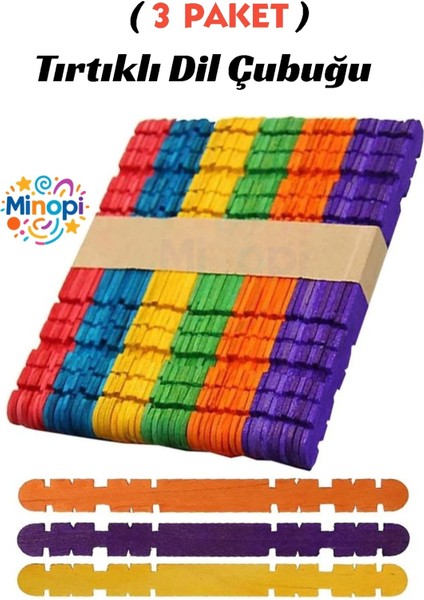3 Paket Renkli Geçmeli Dil Çubuğu Paketi 50'li Tırtıklı Geçirmeli Eklemeli Dondurma Çubuğu