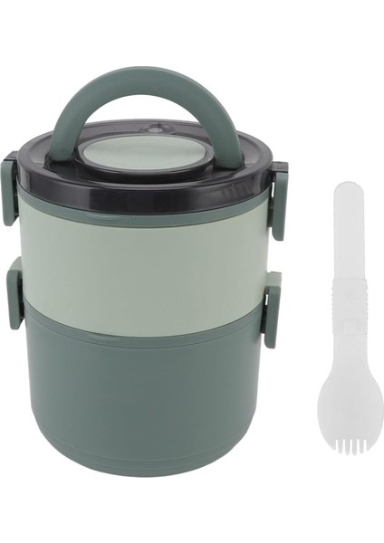 Çift Katlı Taşıma Kulplu Paslanmaz Çelik Yuvarlak Beslenme Kabı 1600 ml (T0135) Haki