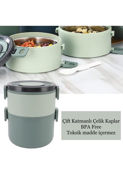 Çift Katlı Taşıma Kulplu Paslanmaz Çelik Yuvarlak Beslenme Kabı 1600 ml (T0135) Haki fiyatları