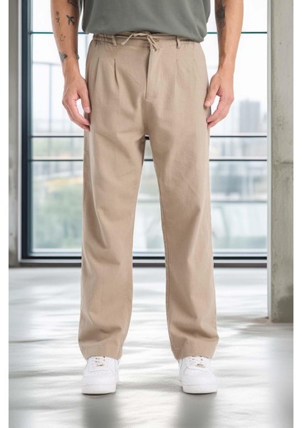 Bergman Keten Görünümlü Pamuklu Flamlı Rahat Kalıp Pileli Erkek Pantolon - Kum Beji