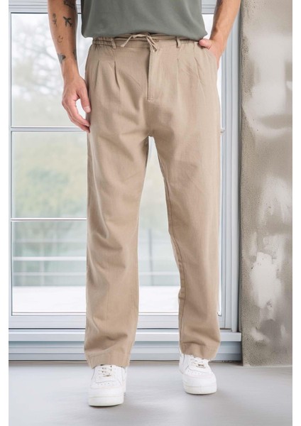 Bergman Keten Görünümlü Pamuklu Flamlı Rahat Kalıp Pileli Erkek Pantolon - Kum Beji modelleri