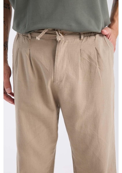 Bergman Keten Görünümlü Pamuklu Flamlı Rahat Kalıp Pileli Erkek Pantolon - Kum Beji fiyatları