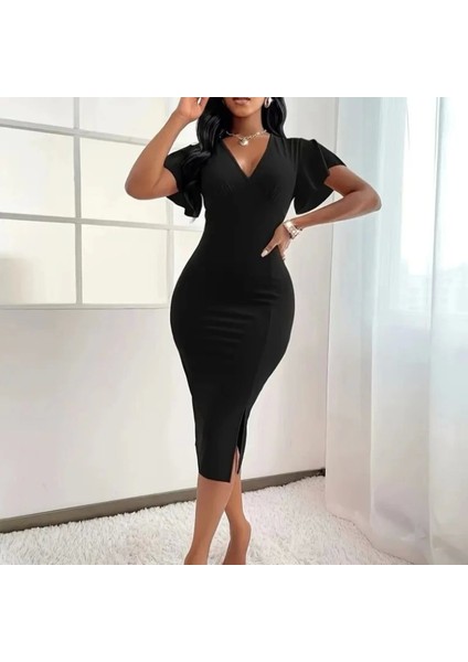 Kadın Kısa Kollu Derin Dekolte V Yakalı Yırtmaçlı Midi Janjan Krep Elbise