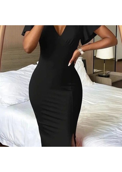 Kadın Kısa Kollu Derin Dekolte V Yakalı Yırtmaçlı Midi Janjan Krep Elbise fiyatları