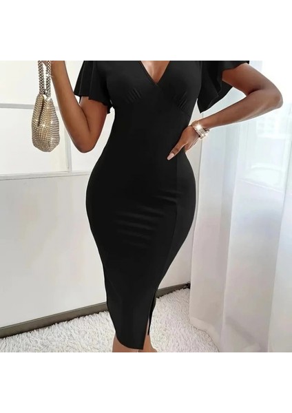 Kadın Kısa Kollu Derin Dekolte V Yakalı Yırtmaçlı Midi Janjan Krep Elbise modelleri